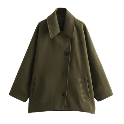 Women’s Wool Jacket – Oversized Fit – Button Front – Wide Collar – Hip Length Casual