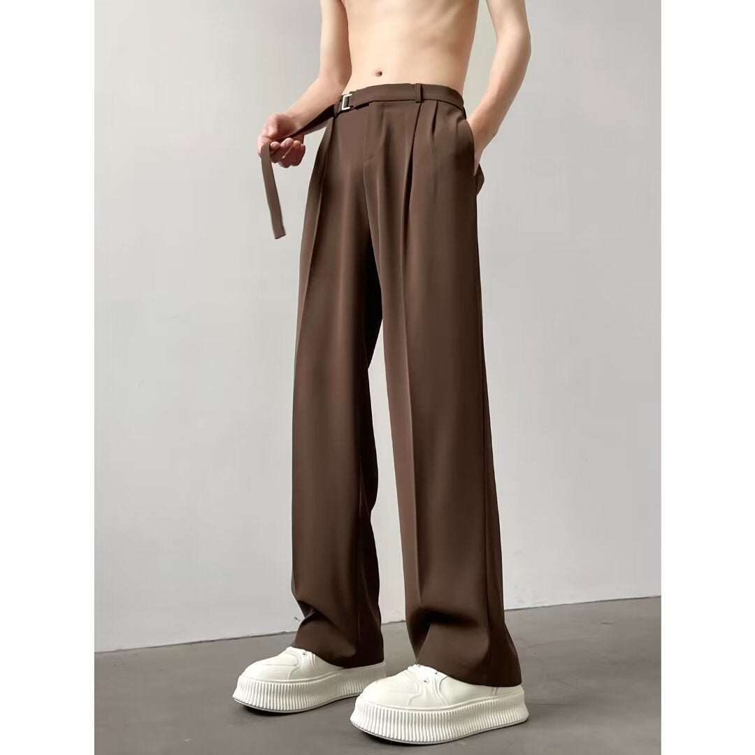 Unisex Straight-Leg Trousers – Ice Silk Blend – Relaxed Fit – Belted Waist – Full Length