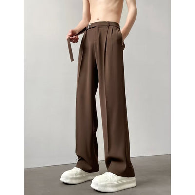 Unisex Straight-Leg Trousers – Ice Silk Blend – Relaxed Fit – Belted Waist – Full Length