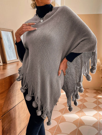 Women’s Shawl Sweater Cape – Knitted Cotton Blend – Relaxed Fit – Tassel Fringe Pom-Poms
