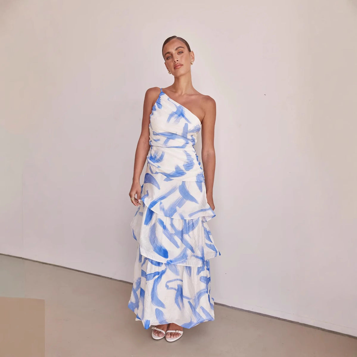 Women’s Maxi Dress – One-Shoulder – Ruched Bodice – Tiered A-Line – Abstract Print