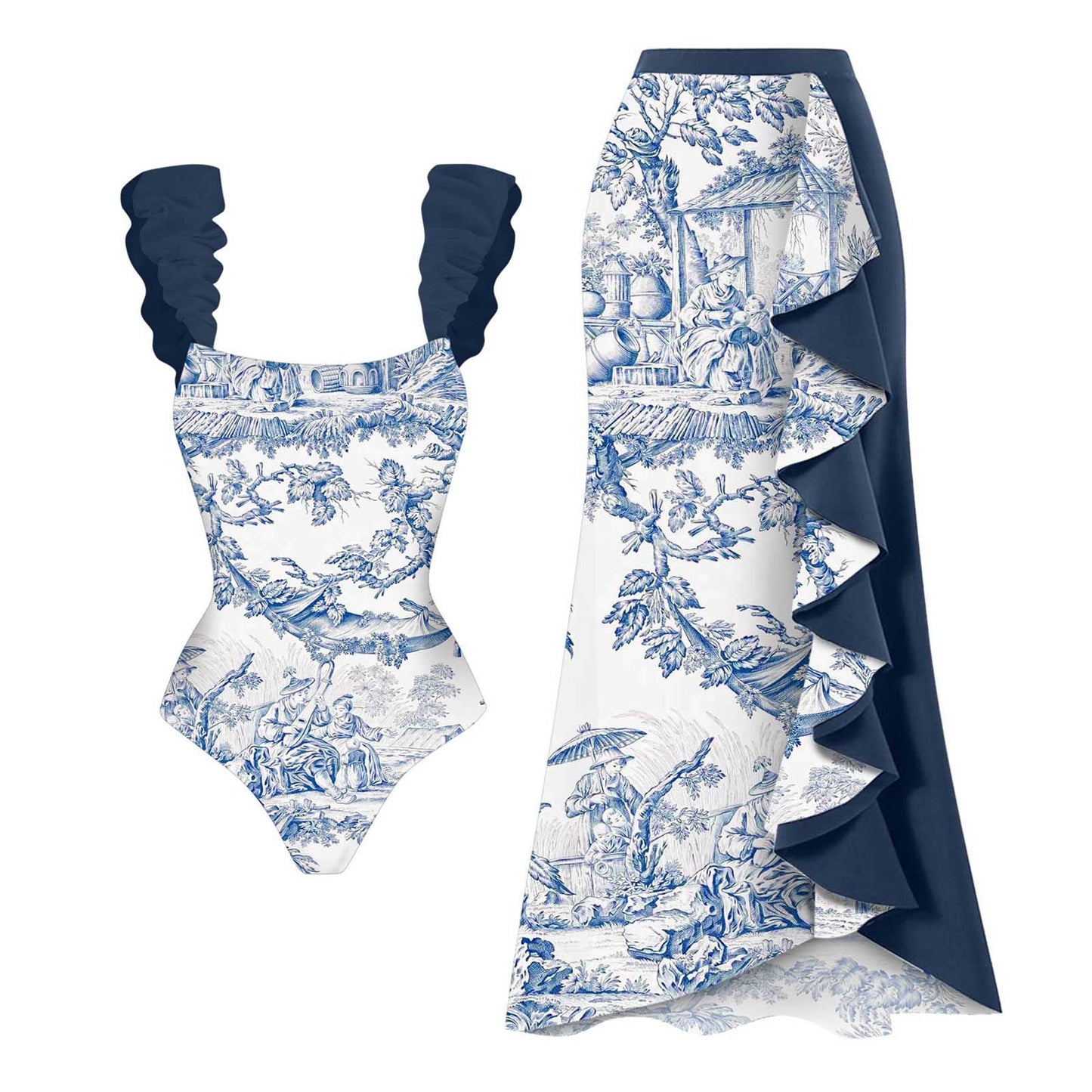 Women’s Bikini and Skirt Set – Slim Fit – Ruffle Detail – Elegant Print – Tie Shoulder Straps