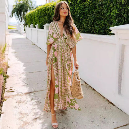Women’s Maxi Dress – Floral Print – Wrap V-Neck – High Waist – Side Slit – Short Sleeve