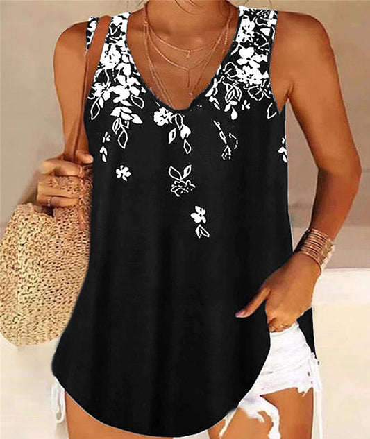Women’s Tank Top – Relaxed Fit – V-Neck – Sleeveless – Floral Print – Breathable Blend