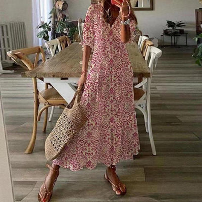 Women’s Midi Dress – Relaxed Fit – V-Neck – Short Sleeve – Eyelet Detail – Tassels