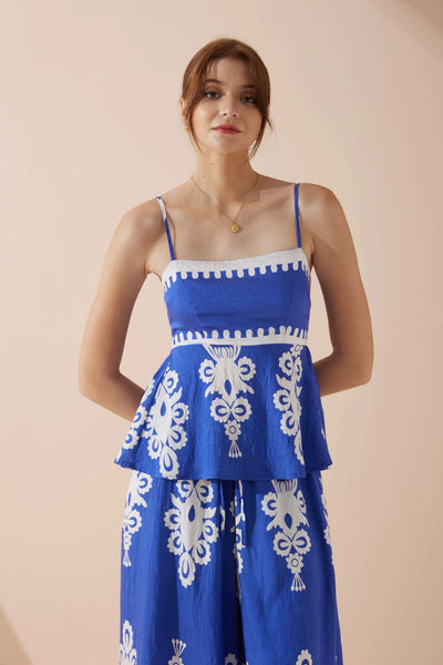 Women’s Top and Skirt Set – Peplum Fit – Ethnic Print – Lightweight Cotton – Midi Skirt
