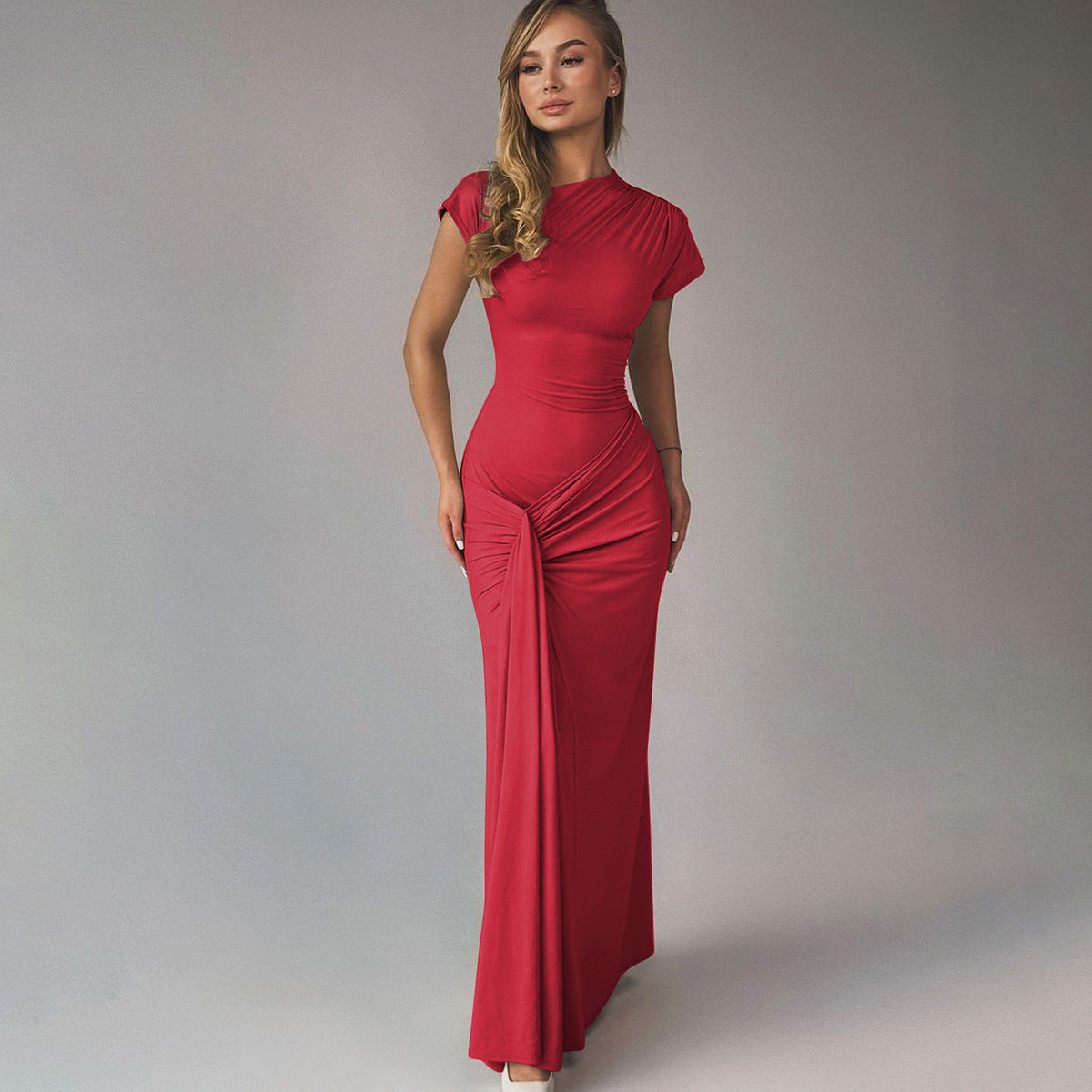 Women’s Full-Length Dress – Draped Waist – Form-Fitting – Short Sleeve Elegant Fit