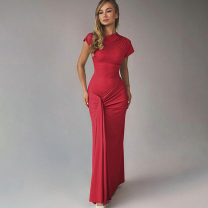 Women’s Full-Length Dress – Draped Waist – Form-Fitting – Short Sleeve Elegant Fit
