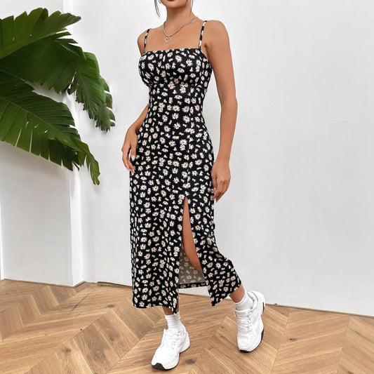 Women’s Sundress – Slim Fit – Bustier Bodice – Spaghetti Straps – Floral Print – Side Slit