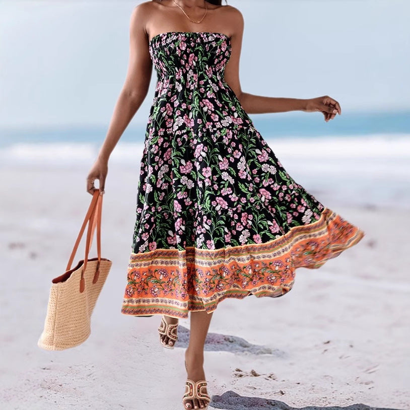 Women’s Strapless Dress – Cotton Blend – Flared Midi – Floral Print – Border Hem