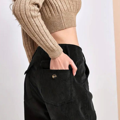 Women’s Corduroy Trousers – High Waist – Straight Leg – Full Length Patch Pockets