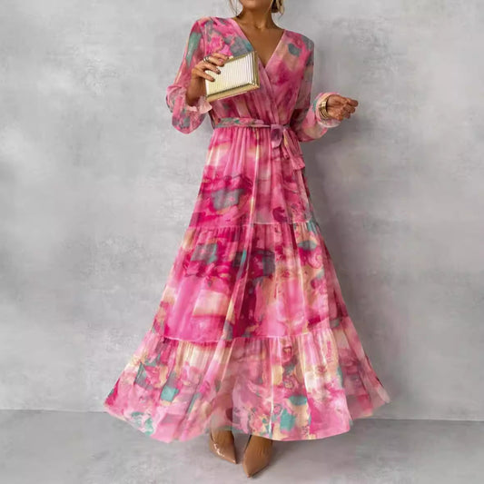 Women’s Long Dress – V-Neck – Belted Waist – Tiered Skirt – Sheer Long Sleeves – A-Line Fit