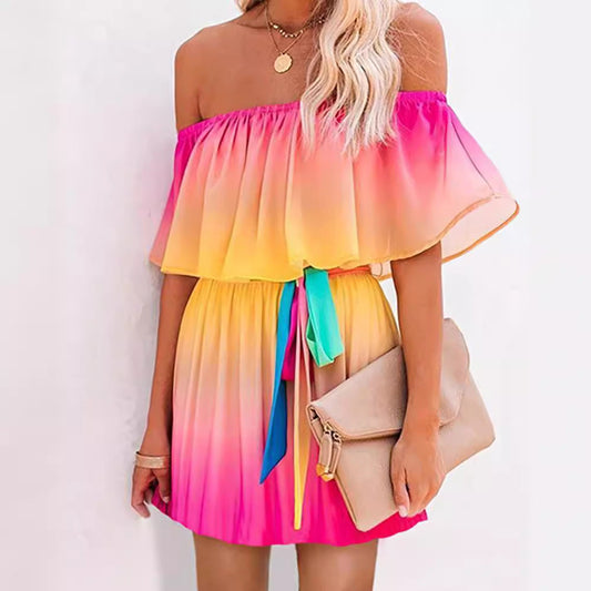 Women’s Dress – Off-Shoulder Ruffle Neckline – Cinched Waist – Breathable Blend