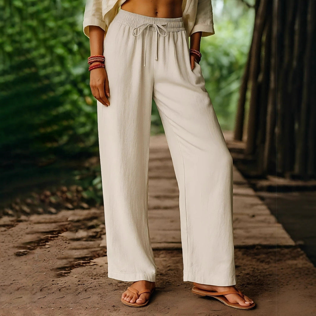 Women’s Wide Leg Trousers – Cotton Linen – Elastic Drawstring Waist – Relaxed Fit
