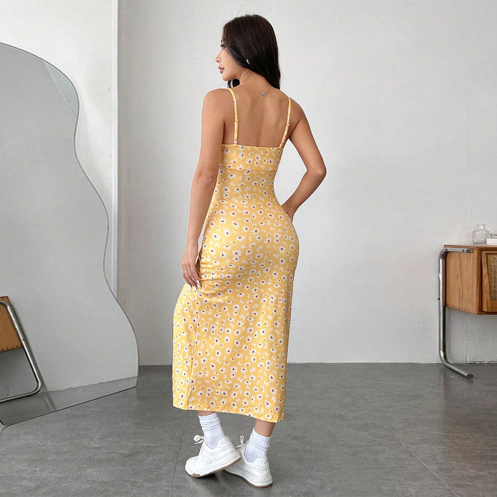 Women’s Midi Dress – Slim Fit – Spaghetti Straps – Side Slit – Floral Cotton Blend