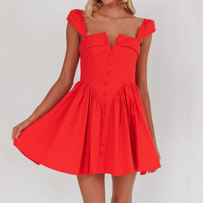 Women’s Sleeveless Short Dress – Square Neck – Fitted Bodice – Pleated A-Line Skirt – Button Front – Lightweight Cotton Blend