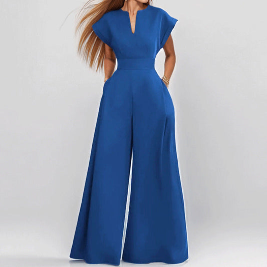 Women’s Jumpsuit – Lightweight Fabric – V-Neck – Short Sleeve – Wide Leg – Full Length