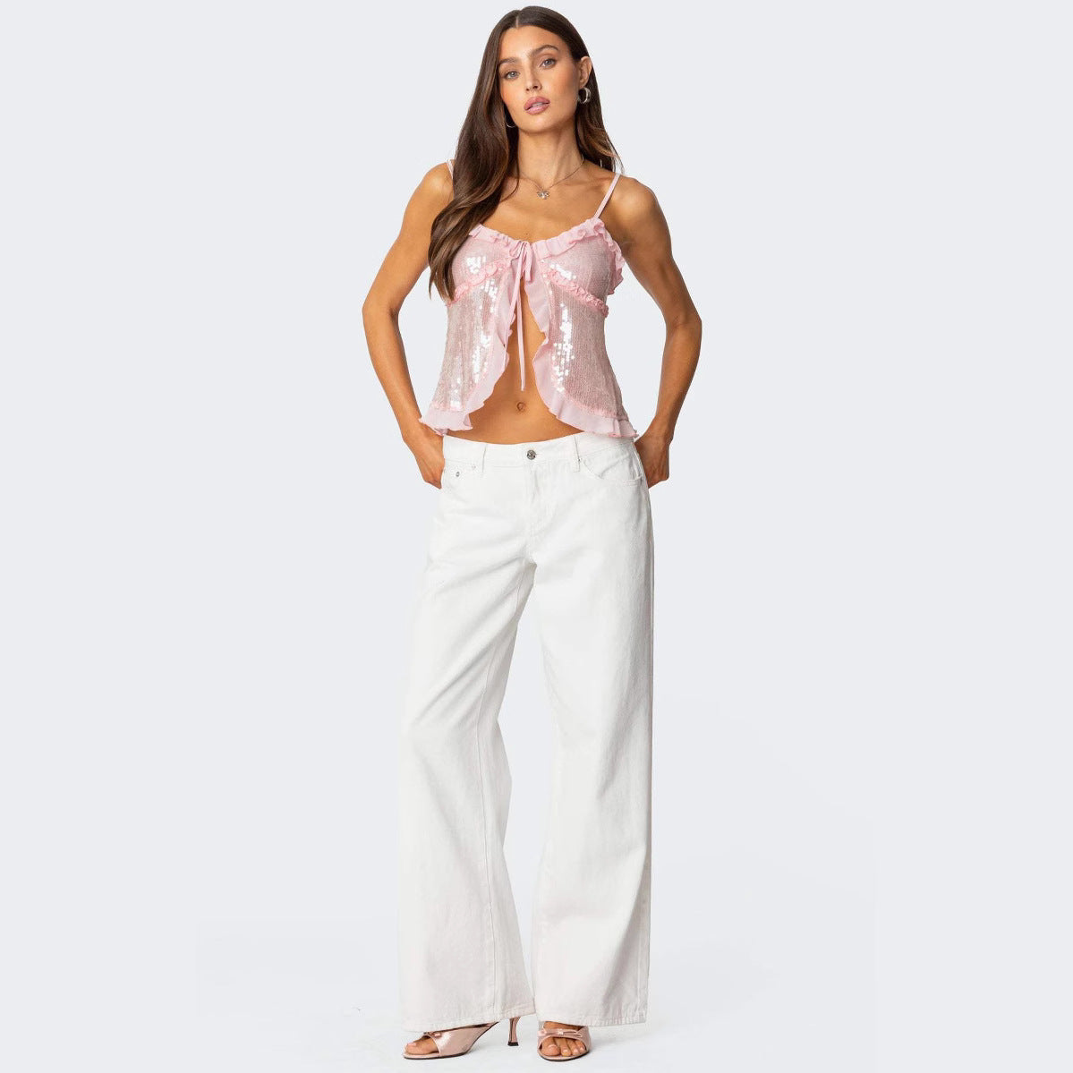 Women’s Halter Crop Top – Sequin Embellished – Fitted Silhouette – Ruffle Trim Bow