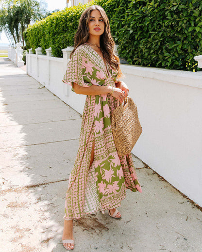 Women’s Maxi Dress – Floral Print – Wrap V-Neck – High Waist – Side Slit – Short Sleeve