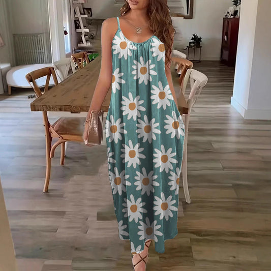 Women’s Maxi Dress – Relaxed Fit – Spaghetti Straps – Floral Print – Breathable Blend