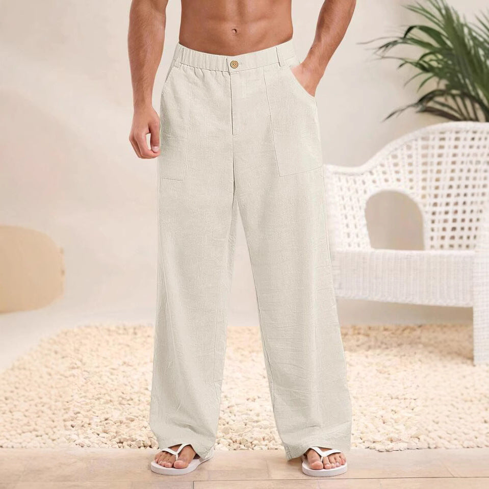 Men’s Trousers – Cotton Linen Blend – Relaxed Fit – Elastic Waist – Full Length
