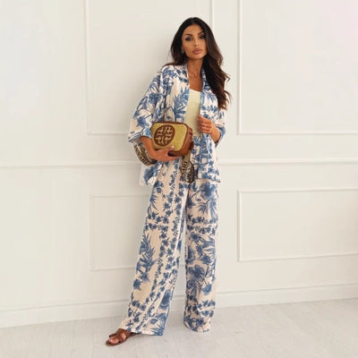 Women’s Two-Piece Set – Lightweight Floral Print – Loose Fit Kimono Top & Wide-Leg Trousers