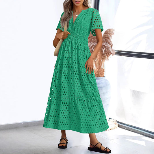 Women’s Long Dress – Embroidered Lace – V-Neck – Elastic Waist – Flowy Short Sleeve