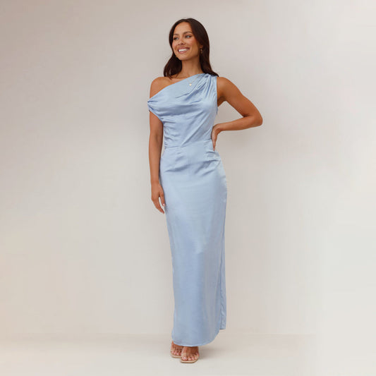 Women’s Midi Dress – One-Shoulder – Draped Bodice – Satin Feel – Bodycon Fit