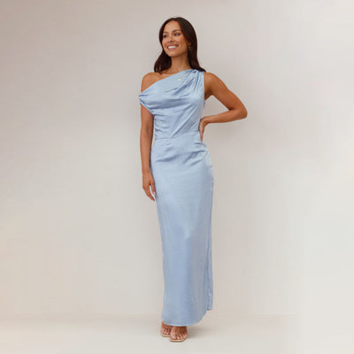 Women’s Midi Dress – One-Shoulder – Draped Bodice – Satin Feel – Bodycon Fit
