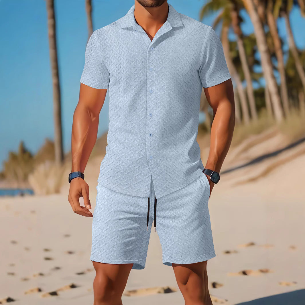 Men’s Shirt and Shorts Set – Slim Fit – Embossed Pattern – Breathable Casual Wear