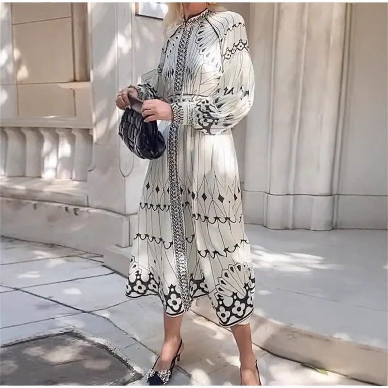 Women’s Midi Dress – Elegant Fit – Long Sleeve – Belted Waist – Button Front – Ornate Pattern