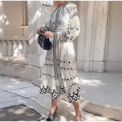 Women’s Midi Dress – Elegant Fit – Long Sleeve – Belted Waist – Button Front – Ornate Pattern