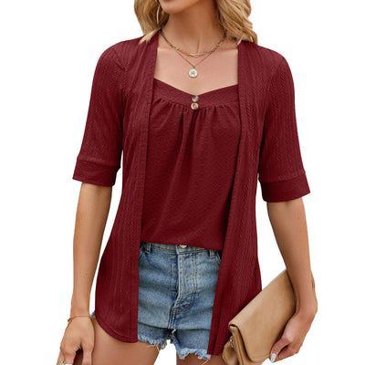 Women’s Open Front Shirt – Soft Knit – Relaxed Fit – 3/4 Sleeve – Square Neckline