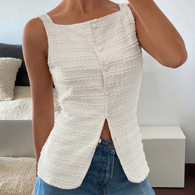 Women’s Sleeveless Top – Fitted Silhouette – Asymmetrical Hem – Button Front