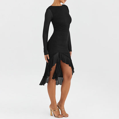 Women’s Evening Dress – Slim Fit – Sheer Long Sleeves – Ruffled Midi Hem