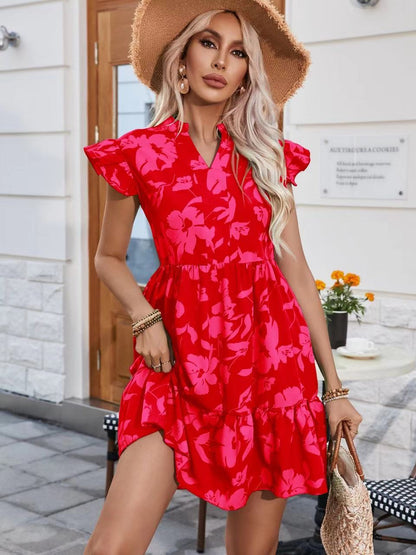 Women's Mini Dress - Flutter Sleeve - V-Neck - Floral Print - Casual Daywear