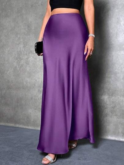 Women’s Maxi Skirt – Satin Fabric – Slim Fit – Flared Hem – Minimalist Design