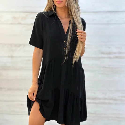 Women’s Swing Dress – Button-Up Front – Natural Fibers – V-Neck – Short Sleeve