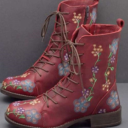 Women’s Mid-Calf Boots – Embroidered Floral – Block Heel – Lace-Up with Side Zip