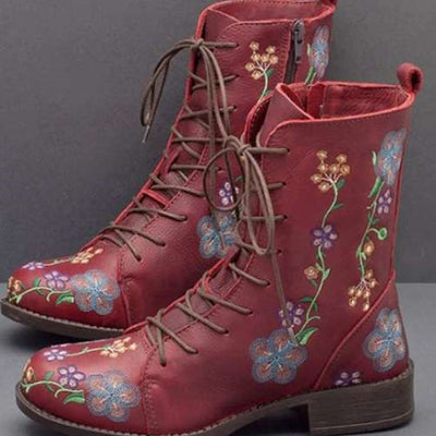 Women’s Mid-Calf Boots – Embroidered Floral – Block Heel – Lace-Up with Side Zip