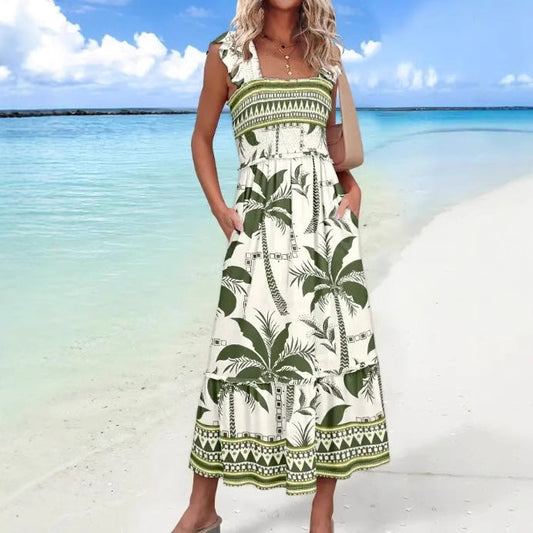 Women’s Midi Dress – Cotton Blend – Square Neck – Ruffle Sleeve – Loose Fit – Pockets