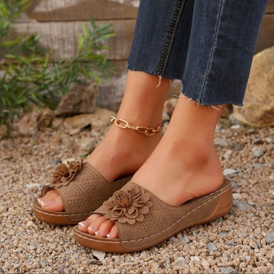 Women’s Wedge Sandals – Open Toe – Perforated Upper – Floral Accent – Cushioned Footbed