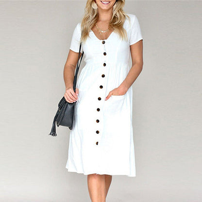 Women’s A-Line Dress – Button Front – Short Sleeve – Breathable Blend – Midi Length