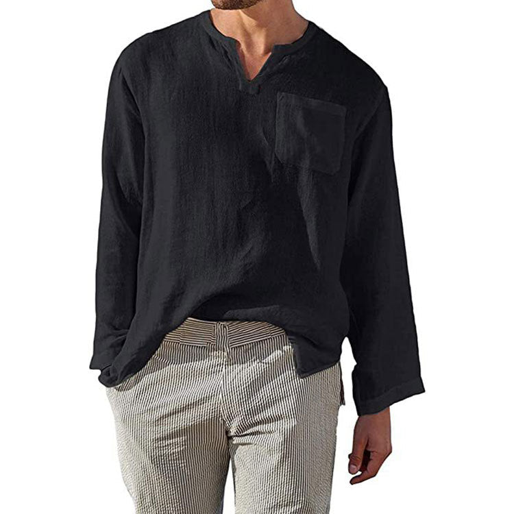 Men’s Long Sleeve Shirt – Linen Cotton Blend – Relaxed Fit – Band Collar Casual