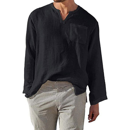 Men’s Long Sleeve Shirt – Linen Cotton Blend – Relaxed Fit – Band Collar Casual