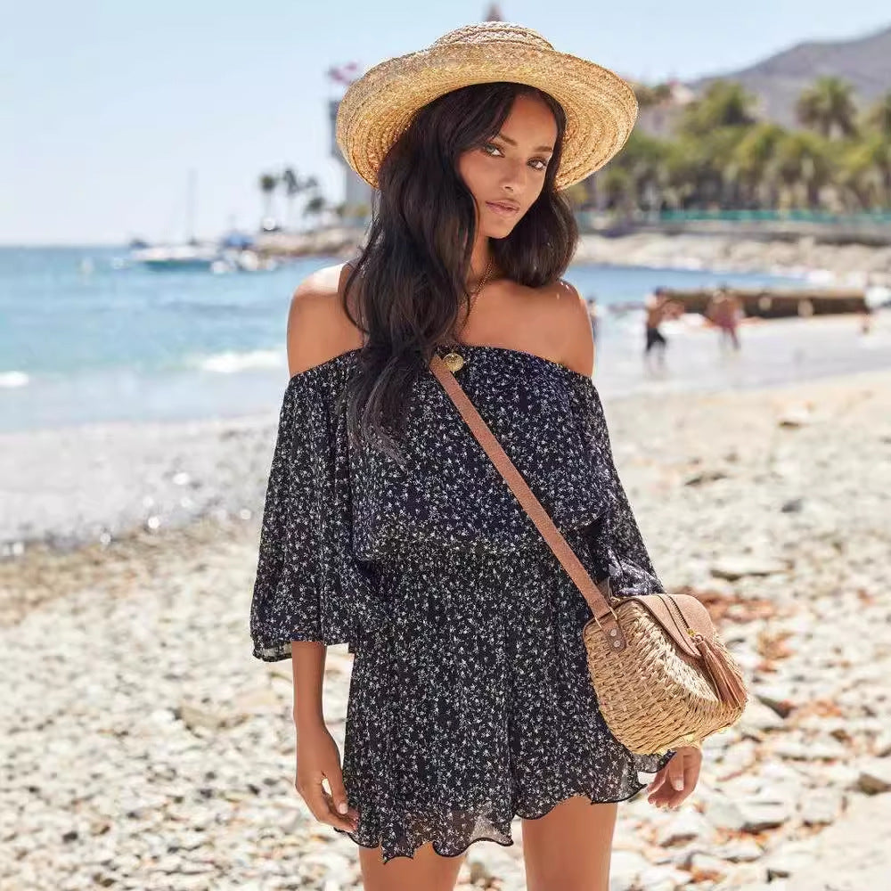 Women’s Off-Shoulder Dress – Ruffle Sleeves – Elastic Waist – Lightweight Relaxed Fit