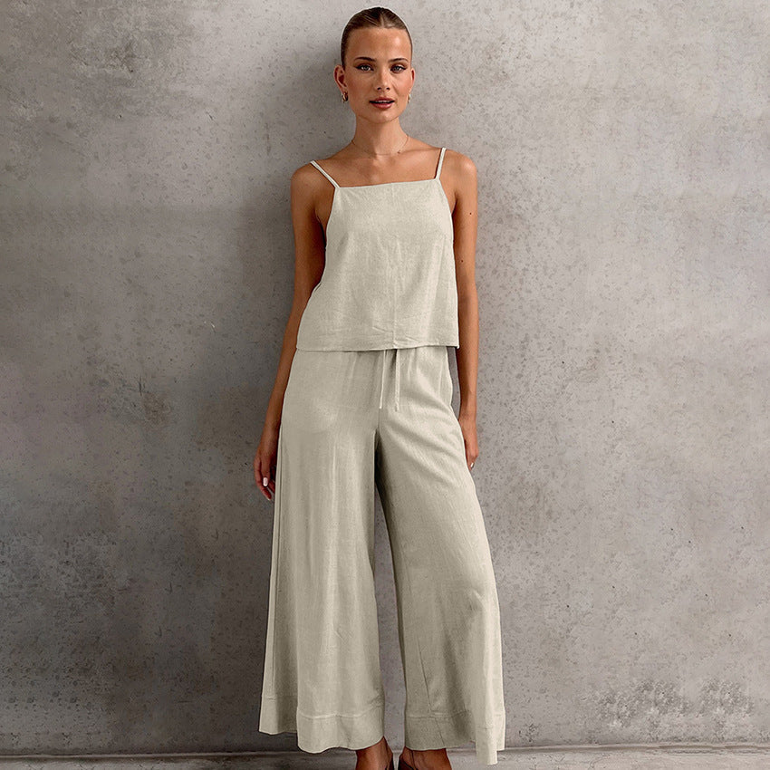 Women’s Two-Piece Set – Cotton Linen Blend – Relaxed Fit – Sleeveless Top & Wide-Leg Trousers