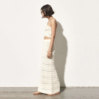 Women’s Two-Piece Set – Crochet Slim Fit Bandeau Top and High-Waisted Midi Skirt