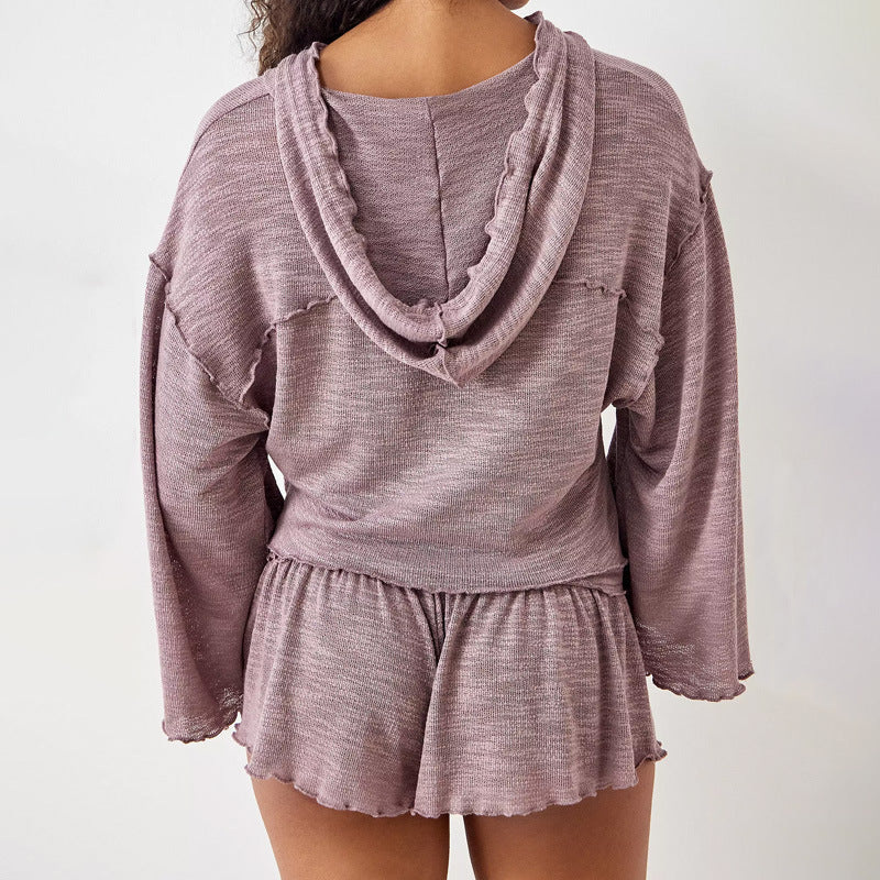 Women’s Two-Piece Set – Cropped Long Sleeve Top – High Waist Flowy Shorts – Lightweight Breathable