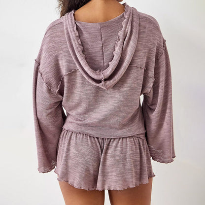 Women’s Two-Piece Set – Cropped Long Sleeve Top – High Waist Flowy Shorts – Lightweight Breathable